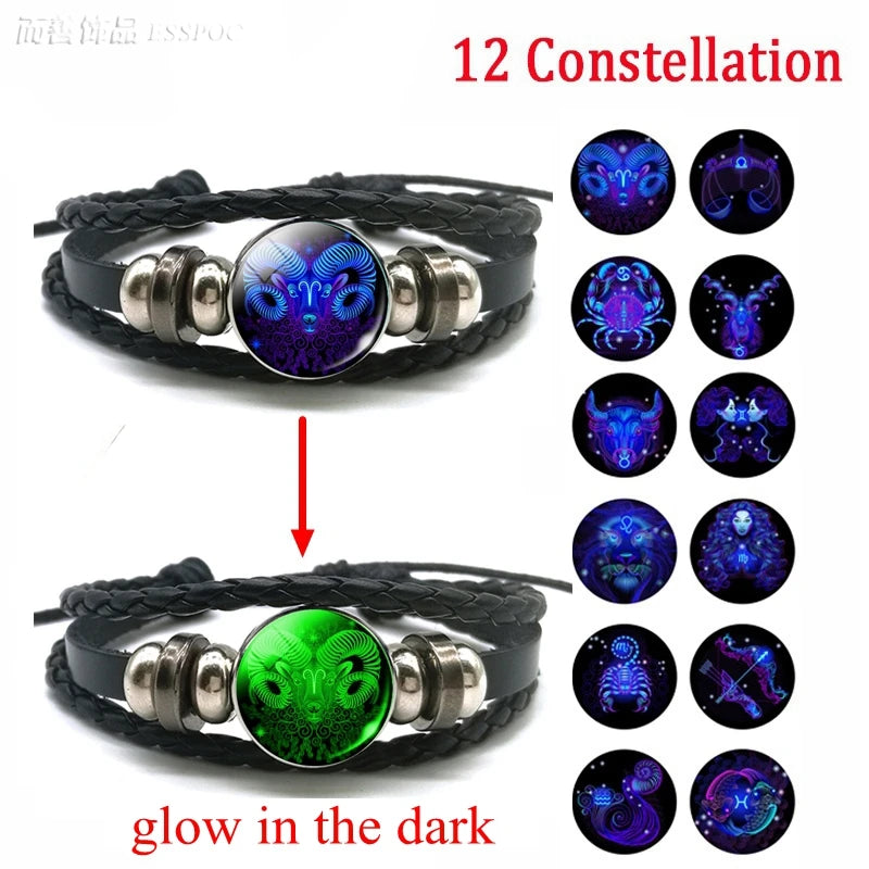 Gemini Leo Libra Scorpio Sagittarius 12 Constellation Luminous Bracelet Leather Bracelet Zodiac Charm Jewelry Bracelet for Men