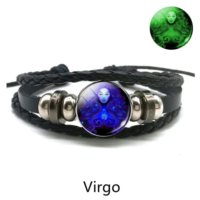 Gemini Leo Libra Scorpio Sagittarius 12 Constellation Luminous Bracelet Leather Bracelet Zodiac Charm Jewelry Bracelet for Men