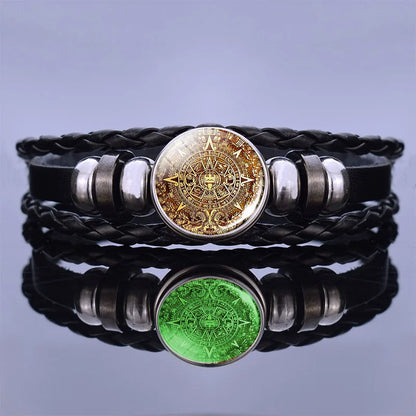 Glow In The Dark Aztec Calendar Mexican Art Men Punk Braided Bracelet Charm Mayan Calendar Jewelry