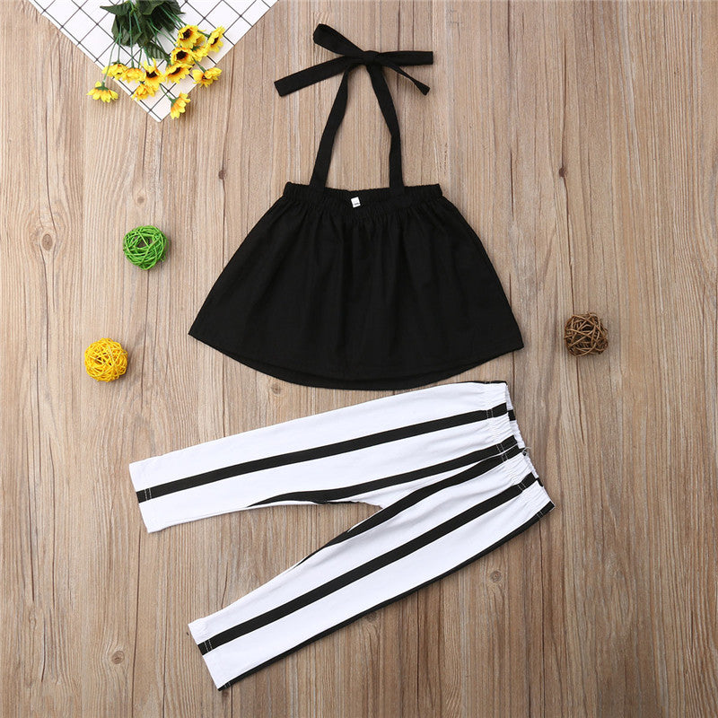 1-5Years Infant Girls Summer Clothes Set Off Shoulder Solid Color Crop Tops + Stripe Pants Leggings Set Girl 2pcs Casual Outfit