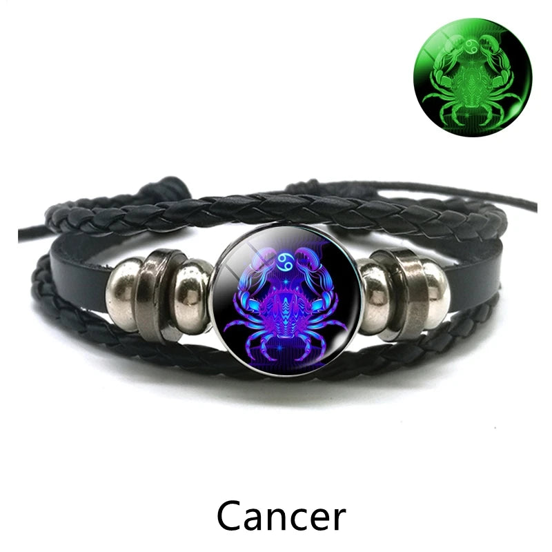 Gemini Leo Libra Scorpio Sagittarius 12 Constellation Luminous Bracelet Leather Bracelet Zodiac Charm Jewelry Bracelet for Men