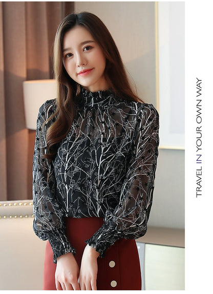 Women Chiffon Blouses 2025 Casual Stand Collar