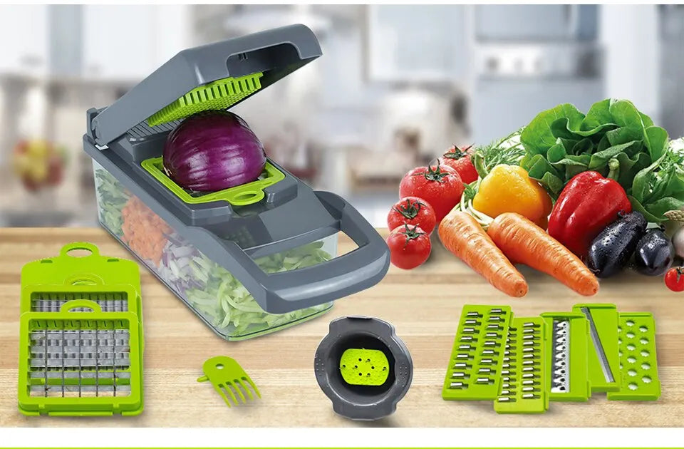 1Pc Green Black 12 in 1 Multifunctional Vegetable Slicer Cutter Shredders Slicer With Basket Fruit Potato Chopper Carrot Grater