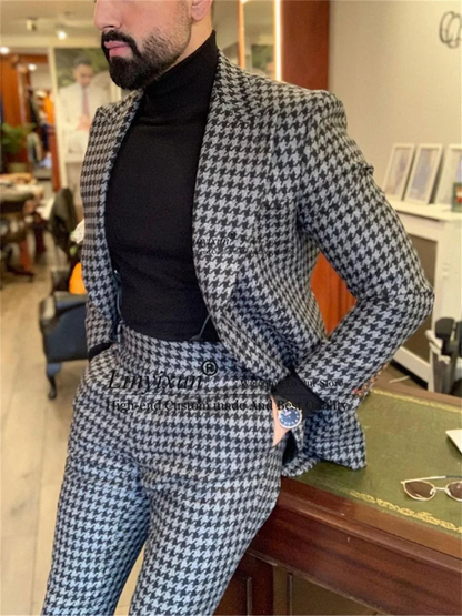 2 Piece Houndstooth Mens Suit Casual Business Slim Fit Blazer