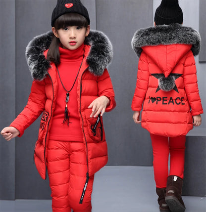 Girl Clothing Sets For Russia Winter Hooded Vest Jacket + Warm Top Cotton Pants 3 Pieces Clothes Coat With Fur Hood