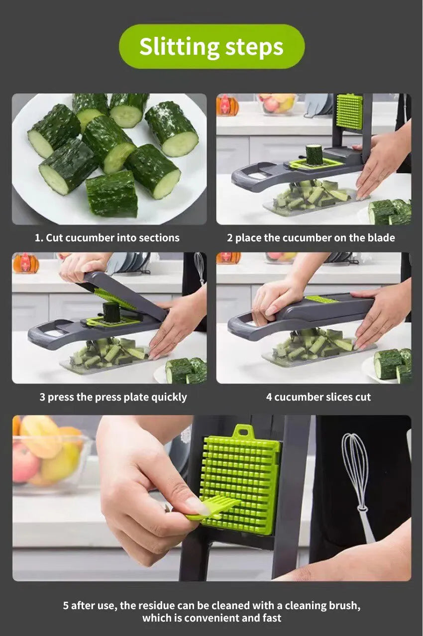 1Pc Green Black 12 in 1 Multifunctional Vegetable Slicer Cutter Shredders Slicer With Basket Fruit Potato Chopper Carrot Grater