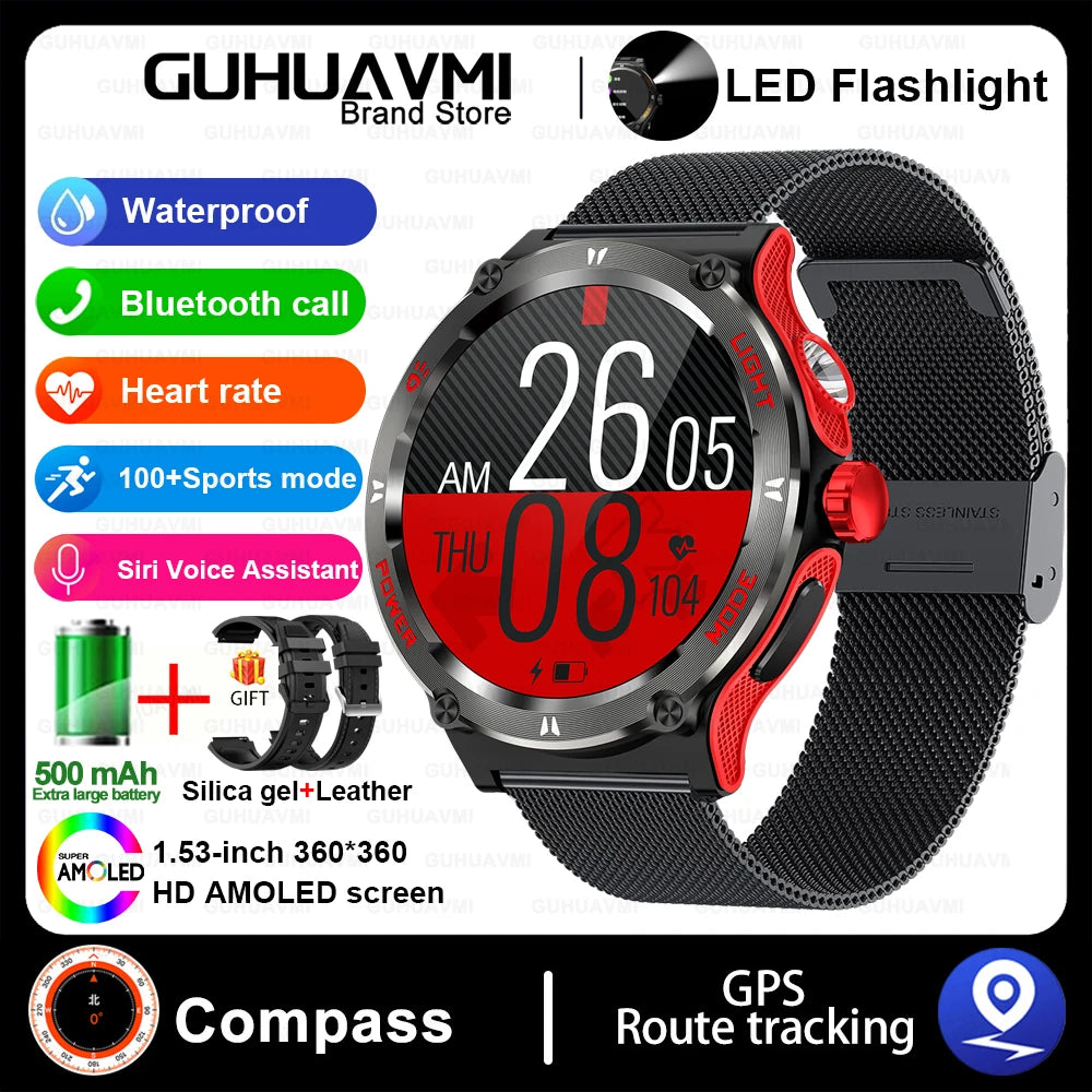 Smart Watch 3ATM Waterproof 1.53" KT76 Men Sport Compass LED Flashlight Heart Rate Health Sleep Analysis Bluetooth Call Watch