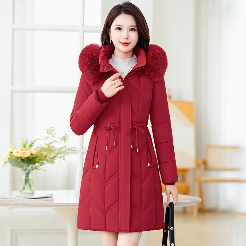 Women Down Cotton Jacket 2025 Mid Long Warm Ladies Outerwear Slim High-End Loose Women.