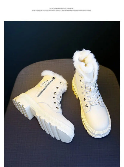 Snow Boots Plush Warm Medium Boots Women's Black and White Winter Thickened Warm Snow Flat Shoes Zapatos Mujer 2024