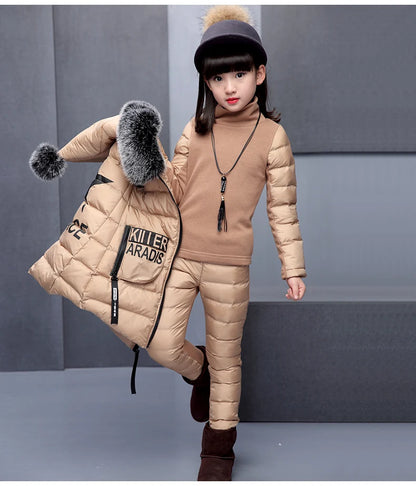 Girl Clothing Sets For Russia Winter Hooded Vest Jacket + Warm Top Cotton Pants 3 Pieces Clothes Coat With Fur Hood