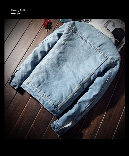 Plus Size Winter Fleece-Lined Denim Jacket Men's Slimming Cotton Coat Top Thickened Sheep Fleece Lining Casual Scene Youth Outwe