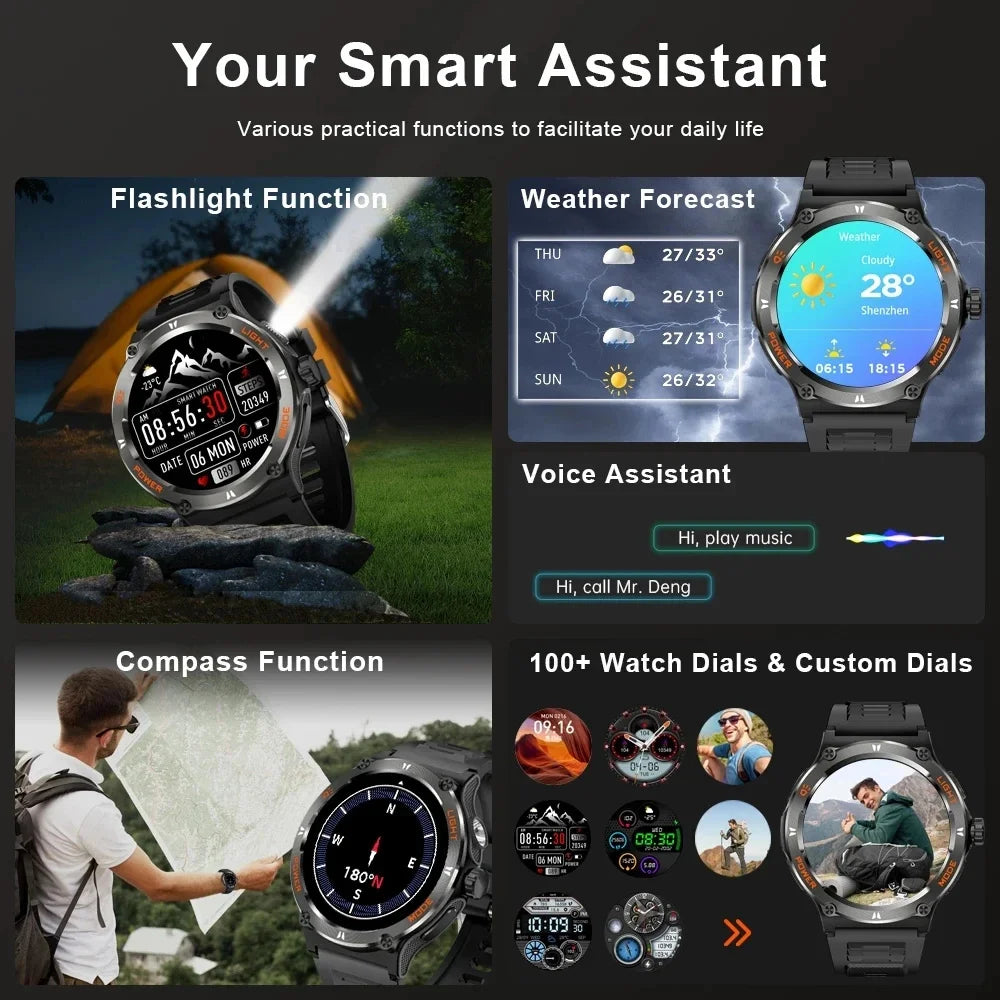 Smart Watch 3ATM Waterproof 1.53" KT76 Men Sport Compass LED Flashlight Heart Rate Health Sleep Analysis Bluetooth Call Watch