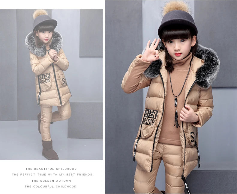 Girl Clothing Sets For Russia Winter Hooded Vest Jacket + Warm Top Cotton Pants 3 Pieces Clothes Coat With Fur Hood