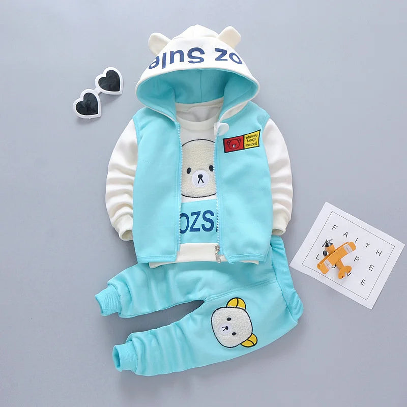 New Autumn Winter  Baby Girl Clothes Children Boys Thickened Hooded Vest T-Shirt Pants 3Pcs/Sets Toddler Costume Kids Tracksuits