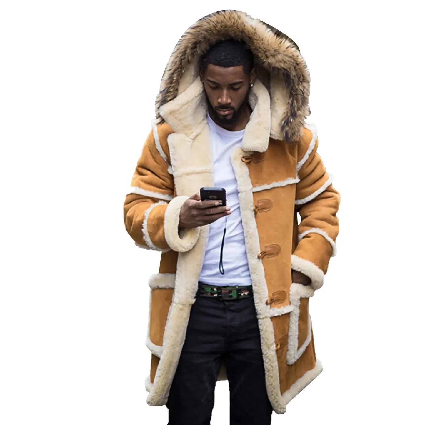 New Men Lamb Fur Hooded Jacket Punk Warm Windproof Leather Coat Winter Fashion Padded Long Coat Top Cardigans Windbreaker Jacket