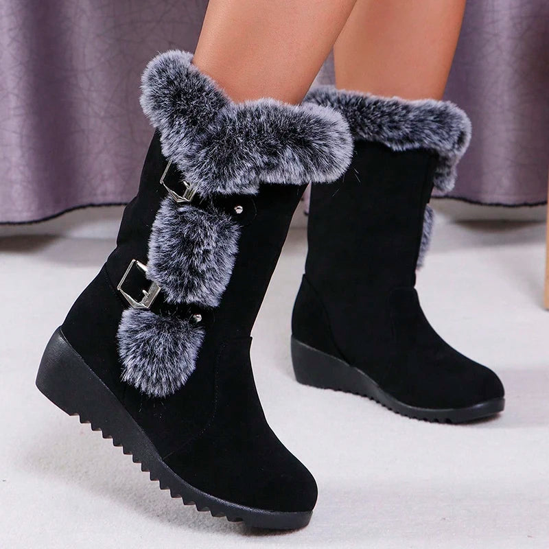 Women's Wedge Heeled Snow Boots Fashion Buckle Design Faux Fur Mid Calf Boots Woman Comfortable Thicken Warm Plush Winter Boots