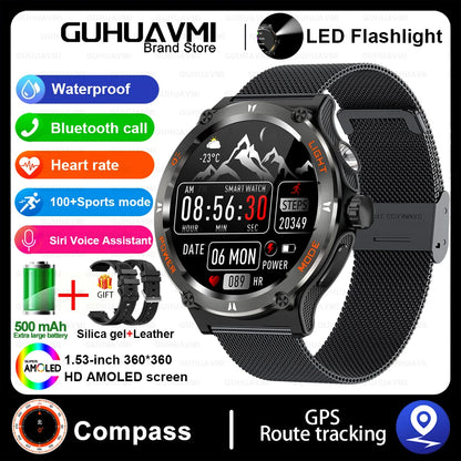 Smart Watch 3ATM Waterproof 1.53" KT76 Men Sport Compass LED Flashlight Heart Rate Health Sleep Analysis Bluetooth Call Watch