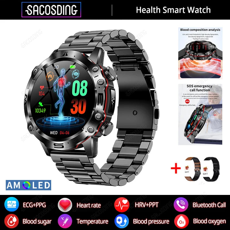 2024 New Smart Watch Men Blood Lipids Uric Acid Health ECG+PPG Fitness Tracker Clock HD Bluetooth Call Sport Altitude Smartwatch