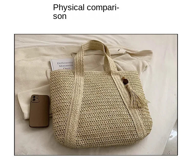 Fashion Large Capacity Fringe Pendant Handmade Straw Handbag Women Holiday Beach Casual Tote Top-Handle Bags Retro Shoulder Bags