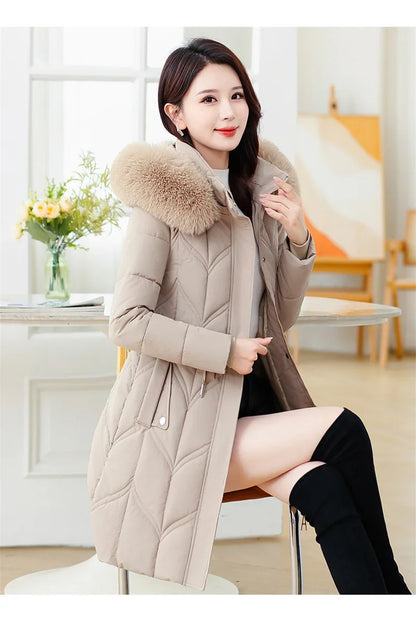 Women Down Cotton Jacket 2025 Mid Long Warm Ladies Outerwear Slim High-End Loose Women.