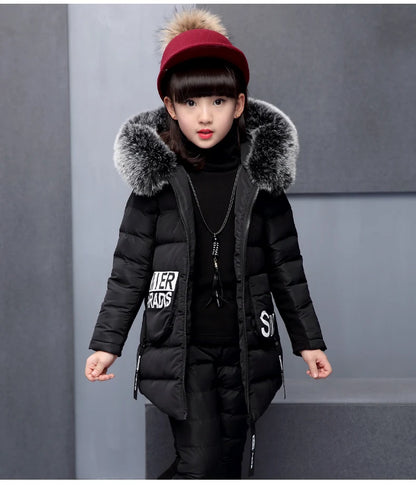 Girl Clothing Sets For Russia Winter Hooded Vest Jacket + Warm Top Cotton Pants 3 Pieces Clothes Coat With Fur Hood