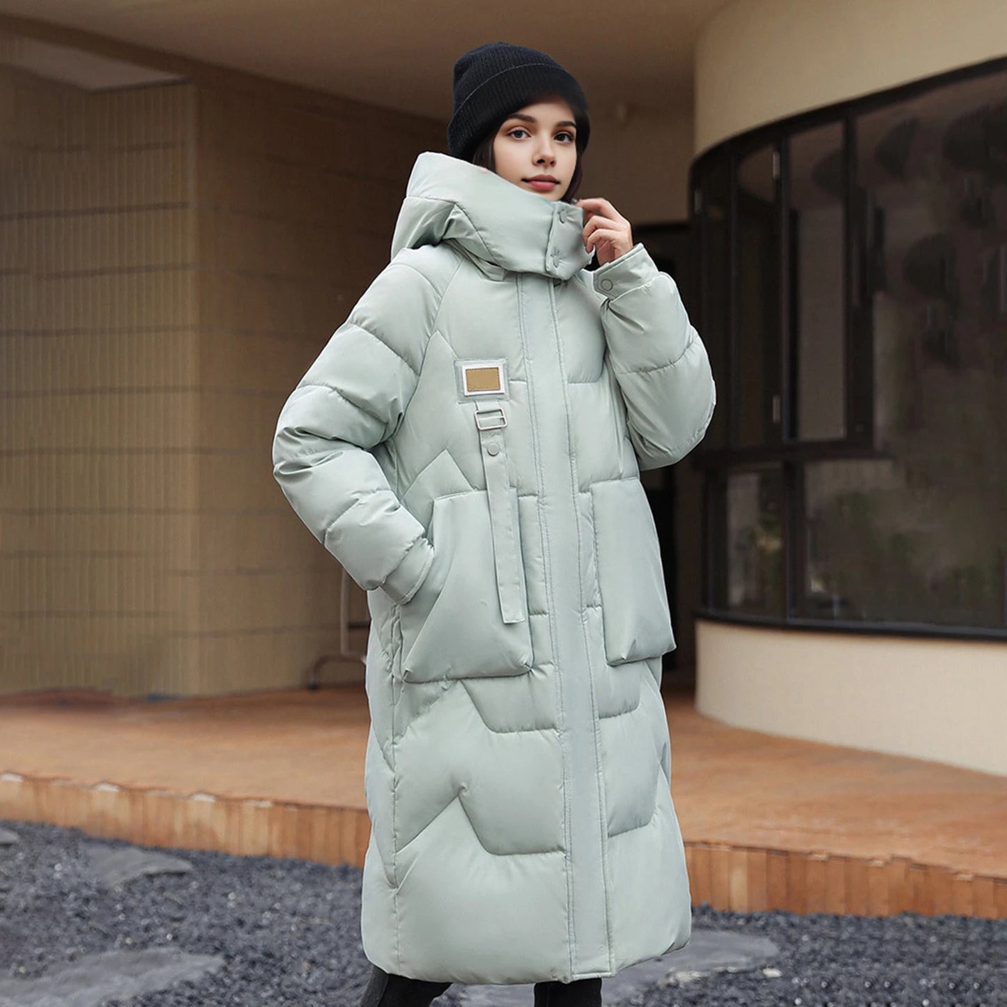 Women Coat Solid Color Thickened Padded Stuffed Hooded