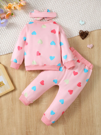 1-5 Years Toddler Girls 3PCS Clothing Set Heart/Flower Print Long Sleeved Hoodies+Pants+Headband Kids Autumn&Winter Casual Wear