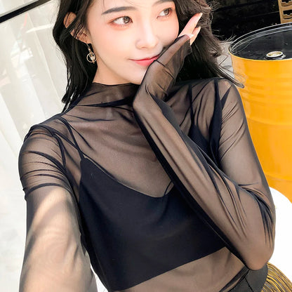 Black Mesh See Through Top For Women Sexy Transparent Top Summer Sun-proof