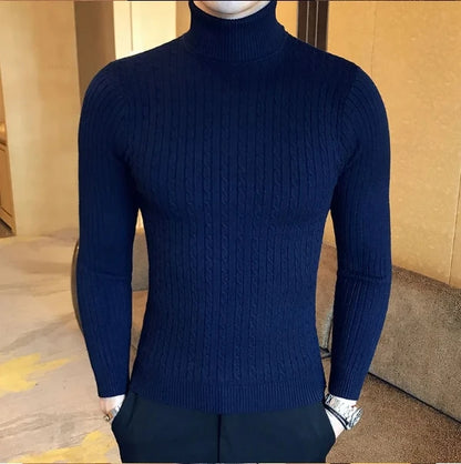 New Men's High Neck Sweater Solid Color Pullover Knitted Warm Casual