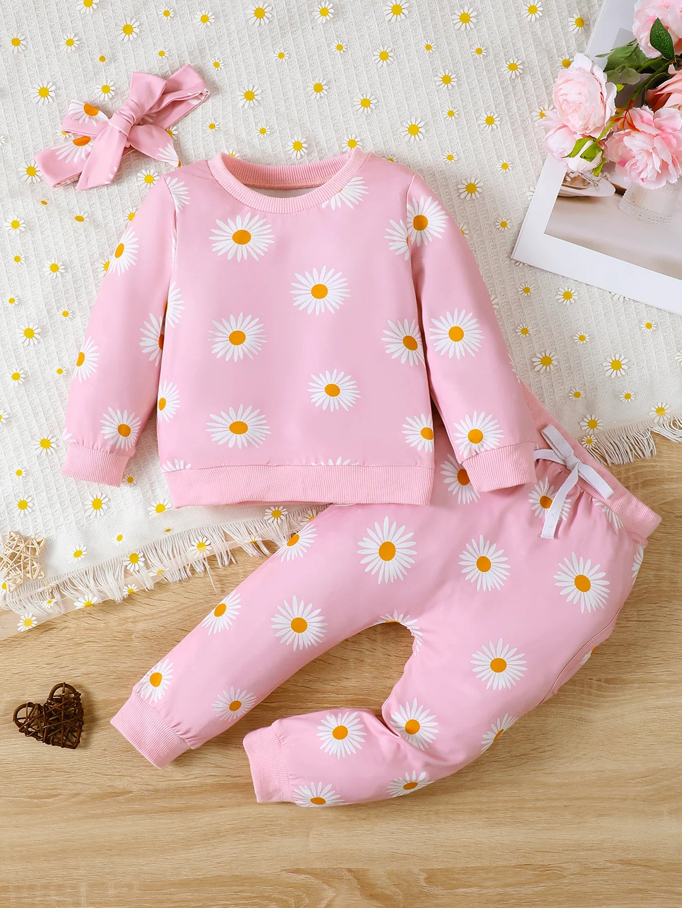 1-5 Years Toddler Girls 3PCS Clothing Set Heart/Flower Print Long Sleeved Hoodies+Pants+Headband Kids Autumn&Winter Casual Wear