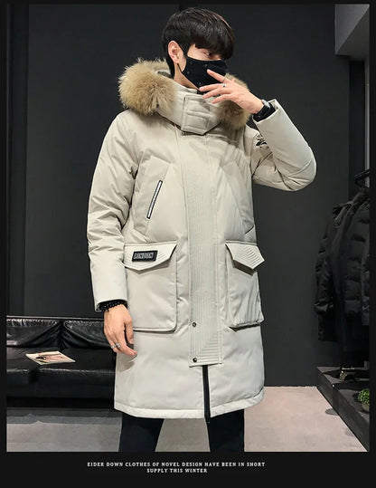 Winter Large Collar Men's Parka Down Jacket 2024 Men's Mid Length Thickened Warm White Duck Down Men's And Women's Outerwear