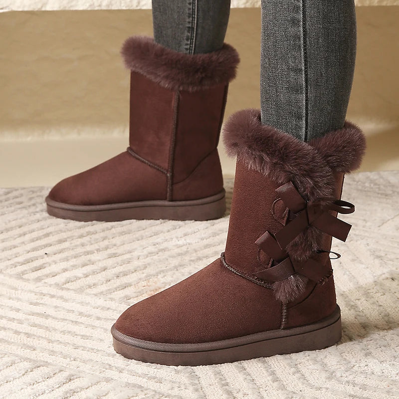 Women Flock Fluffy Suede Snow Boots Cute Butterfly Round Toe Warm Boots Autumn Winter Thick Sole Platform Cotton Shoes