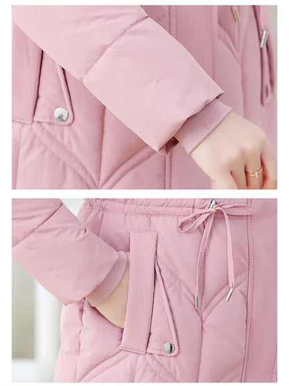 Women Down Cotton Jacket 2025 Mid Long Warm Ladies Outerwear Slim High-End Loose Women.