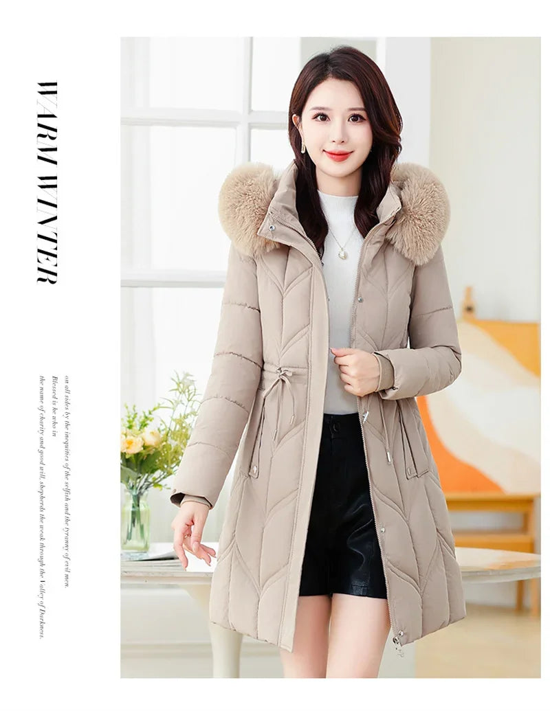 Women Down Cotton Jacket 2025 Mid Long Warm Ladies Outerwear Slim High-End Loose Women.