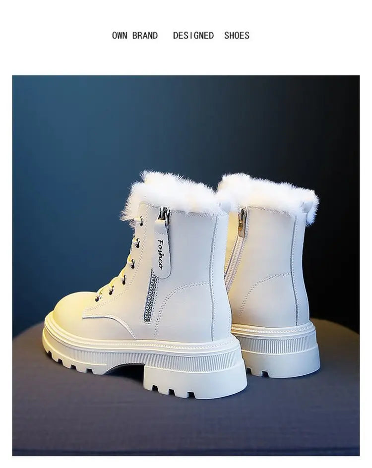 Snow Boots Plush Warm Medium Boots Women's Black and White Winter Thickened Warm Snow Flat Shoes Zapatos Mujer 2024