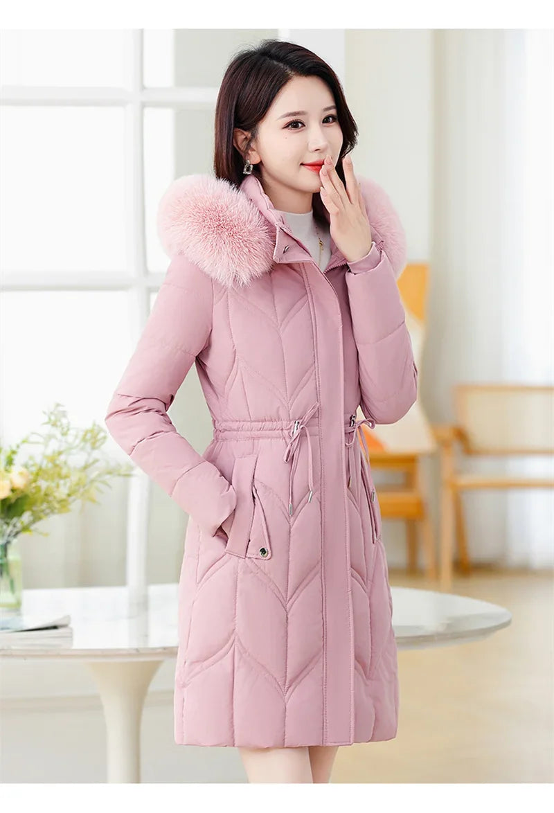 Women Down Cotton Jacket 2025 Mid Long Warm Ladies Outerwear Slim High-End Loose Women.