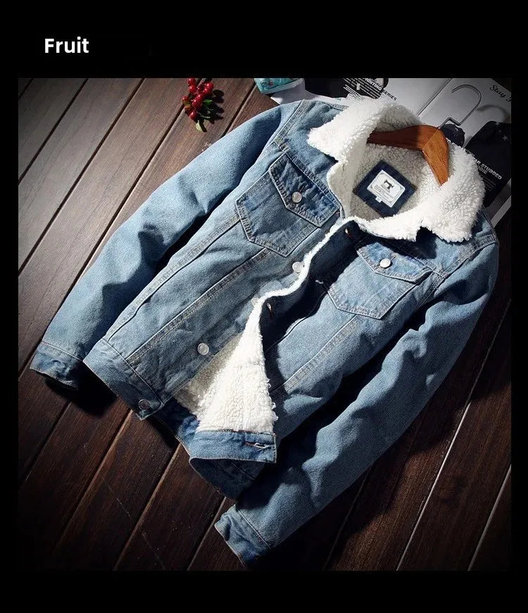 Plus Size Winter Fleece-Lined Denim Jacket Men's Slimming Cotton Coat Top Thickened Sheep Fleece Lining Casual Scene Youth Outwe