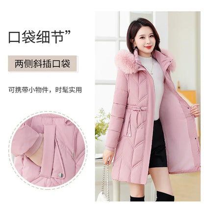 Women Down Cotton Jacket 2025 Mid Long Warm Ladies Outerwear Slim High-End Loose Women.