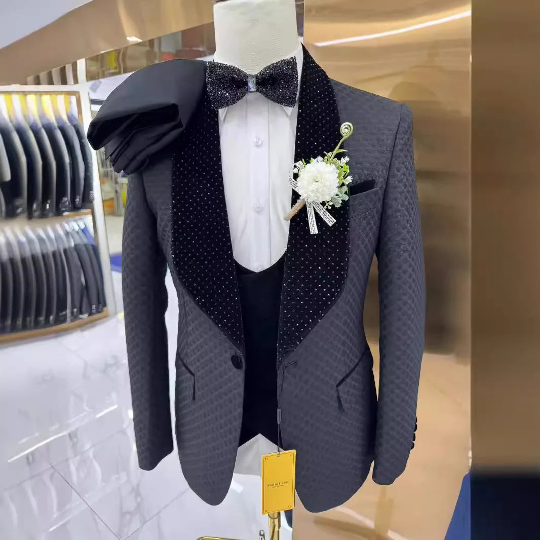 Man Suit Fine Pressed Diamond Men's Wedding Casual Host Suit 3 Pieces   Wedding Suits for Men