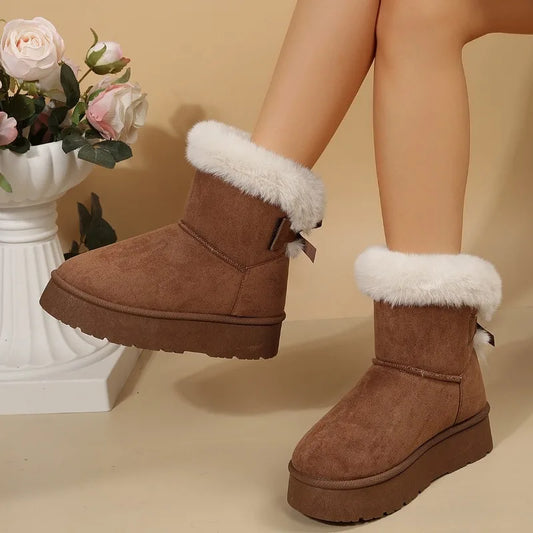 2024 Autumn/Winter New Foreign Trade Hairy Bow Decoration Simple Snow Boots Round Head Suede Thick Bottom Cotton Shoes