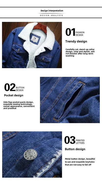 Plus Size Winter Fleece-Lined Denim Jacket Men's Slimming Cotton Coat Top Thickened Sheep Fleece Lining Casual Scene Youth Outwe