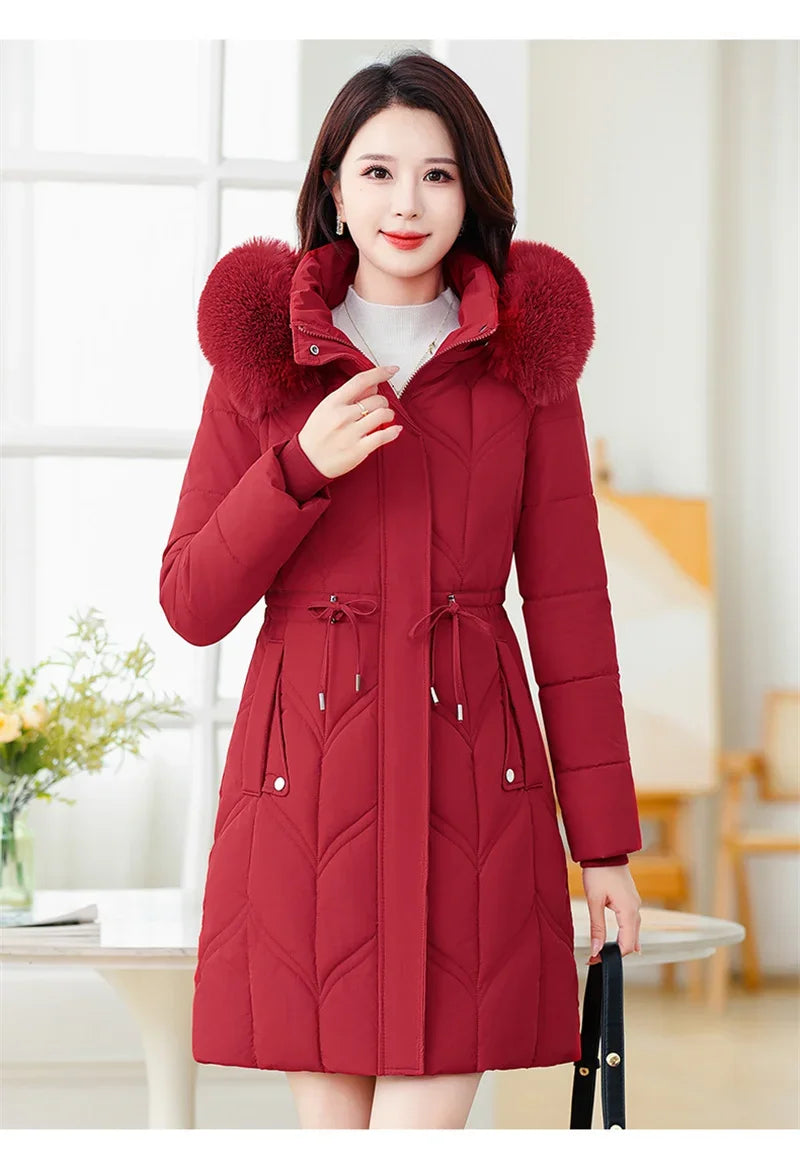 Women Down Cotton Jacket 2025 Mid Long Warm Ladies Outerwear Slim High-End Loose Women.