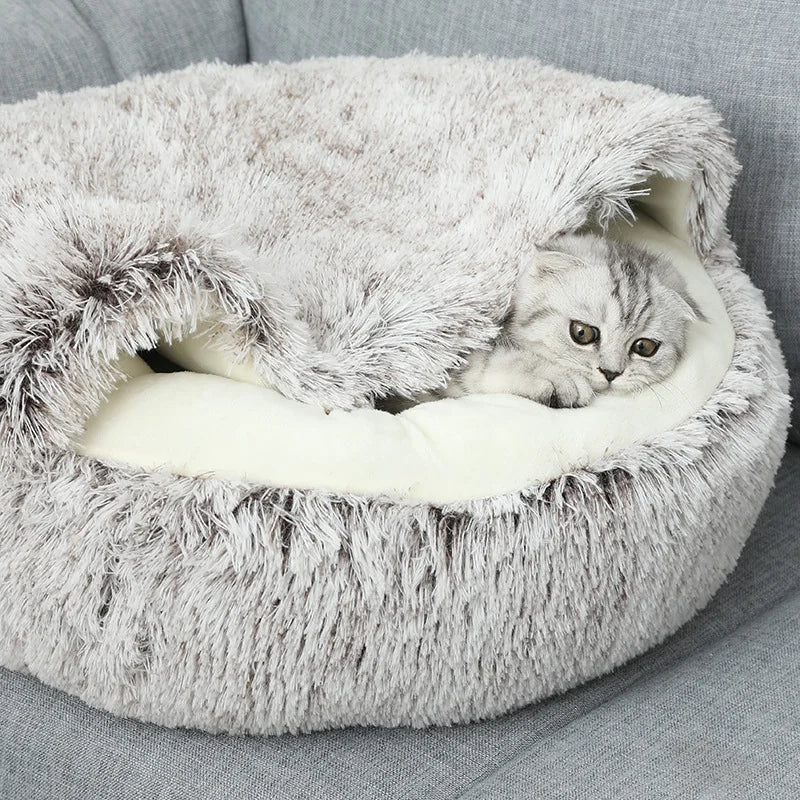 Plush Pet Cat Bed Round Cat Cushion Cat House 2 In 1 Warm Cat Basket