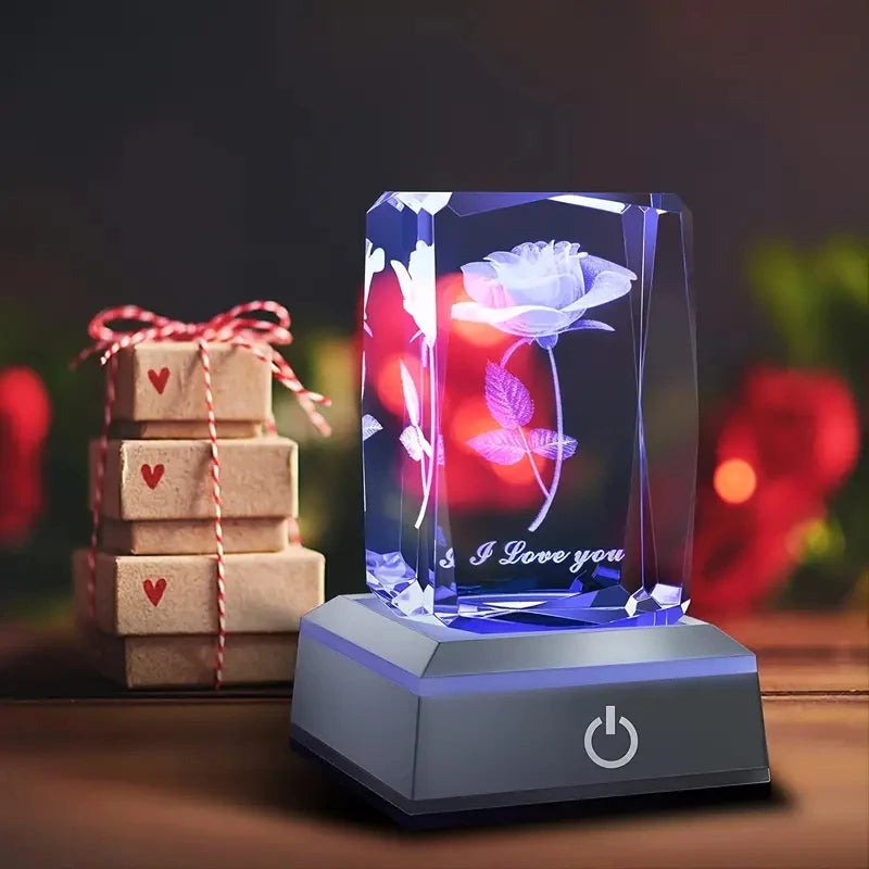 3D Rose Crystal LED Colorful Night Light, Birthday, Christmas, Valentine's Day Anniversary Gift for Girlfriend.