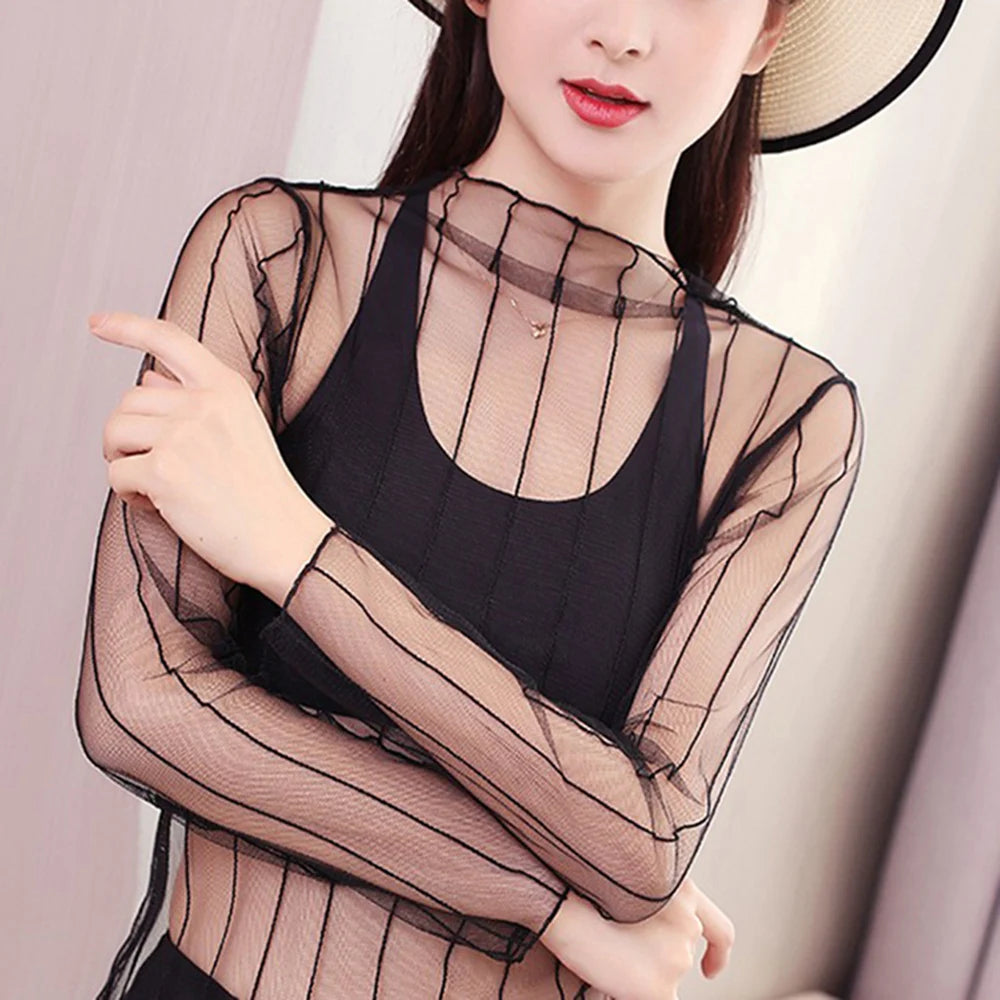 Black Mesh See Through Top For Women Sexy Transparent Top Summer Sun-proof