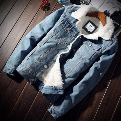 Plus Size Winter Fleece-Lined Denim Jacket Men's Slimming Cotton Coat Top Thickened Sheep Fleece Lining Casual Scene Youth Outwe