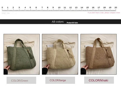 Fashion Large Capacity Fringe Pendant Handmade Straw Handbag Women Holiday Beach Casual Tote Top-Handle Bags Retro Shoulder Bags