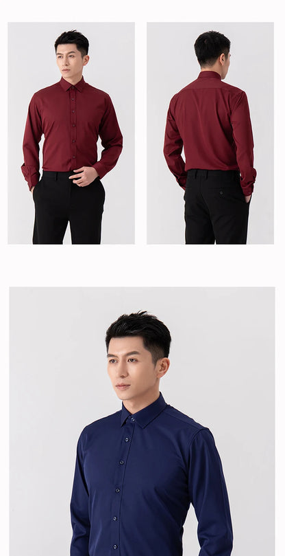 New Men's Solid Color Business Shirt Formal Fashion Thin Classic Basic Casual Slim White Long Sleeve Social Shirt Brand Clothes