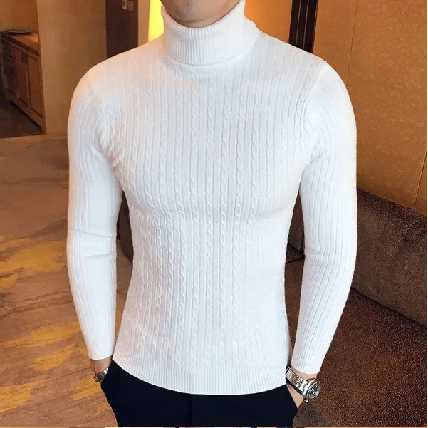 New Men's High Neck Sweater Solid Color Pullover Knitted Warm Casual