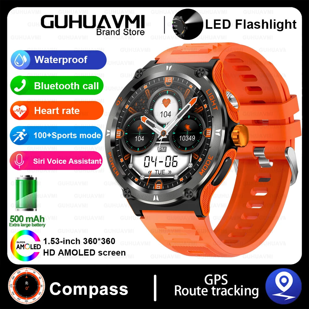 Smart Watch 3ATM Waterproof 1.53" KT76 Men Sport Compass LED Flashlight Heart Rate Health Sleep Analysis Bluetooth Call Watch